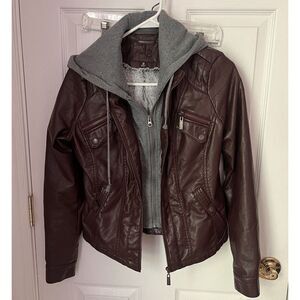 JouJou Dark Brown Vegan Leather Moto Jacket w/ Removable Hoodie - Women's Size S